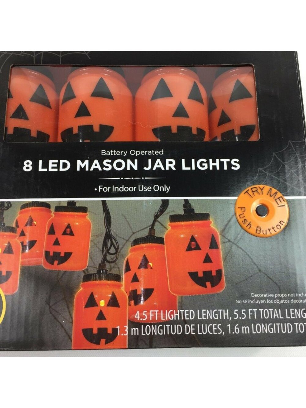 Halloween 8 LED Mason Jar Indoor Lights Battery Operated Orange Jack-O-Lantern